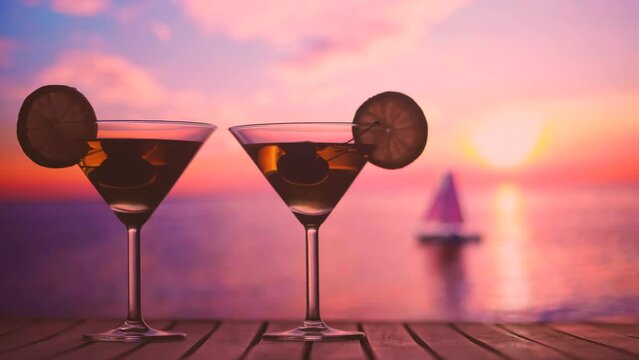 A glass with a cocktail on the background of the sunset, the sea, the ocean and the sailboat