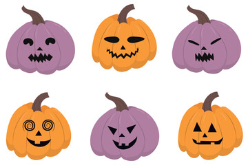 Set of different Halloween pumpkins. Sppoky jack-o-lantern in yellow and lilac colors. Vector illustration