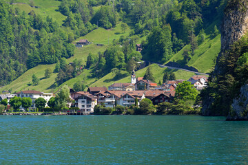 Fototapeta na wymiar Scenic view of Lake Lucerne with Swiss village Sisikon mountain panorama seen from lakeshore on a sunny spring day. Photo taken May 22nd, 2023, Lake Uri, Switzerland.