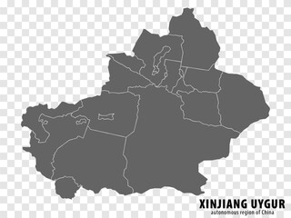 Blank map  Xinjiang Autonomous Region of China. High quality map Xinjiang Uygur with municipalities on transparent background for your web site design, logo, app, UI. People's Republic of China. EPS10