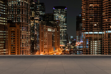 Obraz na płótnie Canvas Skyscrapers Cityscape Downtown, Chicago Skyline Buildings. Beautiful Real Estate. Night time. Empty rooftop View. Success concept.