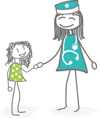 A doctor or nurse looking after a young child, smiling, in a PNG file format