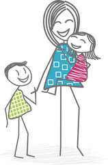 A mother or babysitter carries a child in her arms and holds another by the hand, in a PNG file format