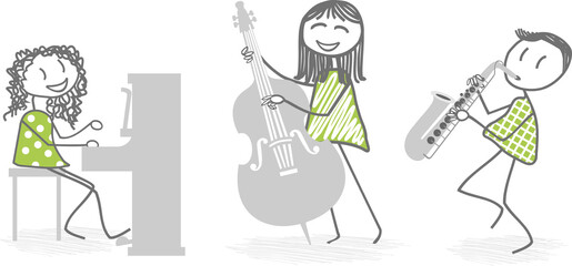 A group of musicians play music with their instruments, on a PNG file format
