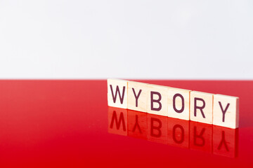 Polish white and red colors and the word, WYBORY, in Polish, meaning parliamentary elections, The...