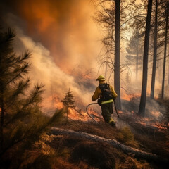 Firefighters in a burning forest. Wildfires. Created using generative Al tools.