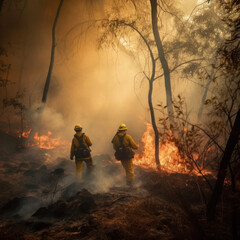 Firefighters in a burning forest. Wildfires. Created using generative Al tools.