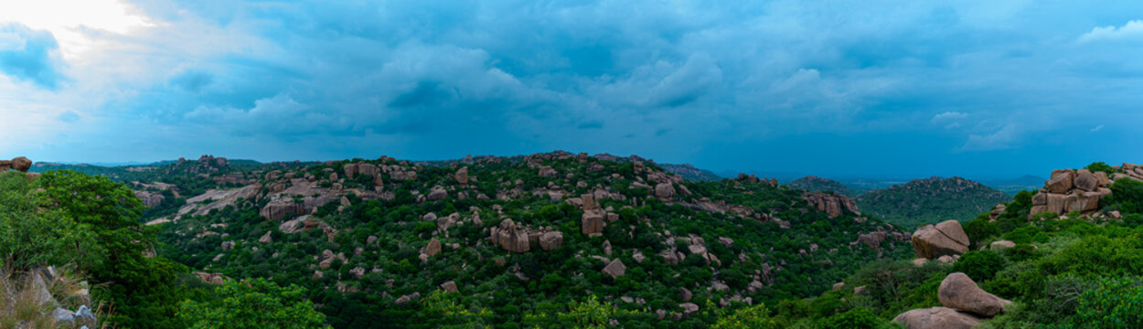 Deccan Plateau Landscape Panorama
The rocks around Hyderabad are grey granite and the hardest rock formations in the world.
