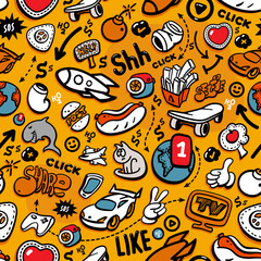 Cartoon graffiti style hand-drawn seamless 100% tileable illustration of modern social life. Objects and symbols of modern Social Media theme. Vector