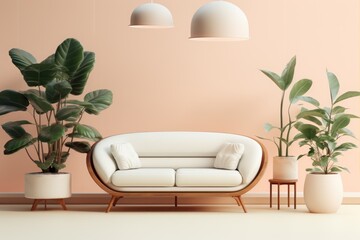 website home page banner for a modern artificial plant brand, minimal design with a lot of whitespaces soft furniture. Generative AI