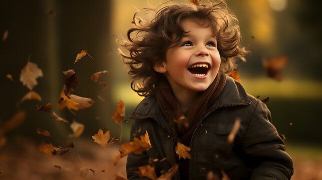 Cute child playing with autumn leaves in the park 