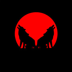 Two wolves and red moon logo design 