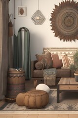 Home mockup nomadic boho interior background with wooden furniture background