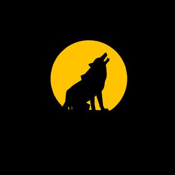 Illustration of wolves and yellow moon logo design 
