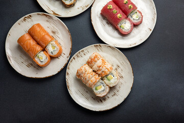 Japanese cuisine. Assorted rolls of various kinds. 