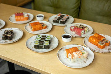 Japanese cuisine. Assorted rolls of various kinds. 