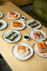 Japanese cuisine. Assorted rolls of various kinds. 