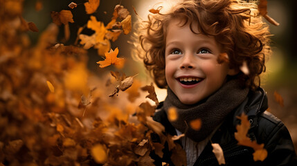 Cute red hair child playing with autumn leaves in the park  - obrazy, fototapety, plakaty