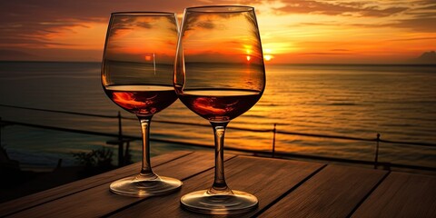 Beach holiday. Sunset landscape background with wine glass on wooden table by sea