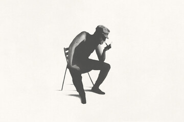 Illustration on old captain resting sitting on a chair smoking pipe, minimal black and white concept
