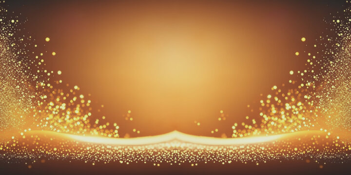 Abstract luxury shiny golden glitter particles and sparkles bokeh effect on orange background for poster presentation design template with copyspace