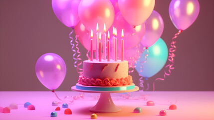 birthday cake with candles and balloons Pink background