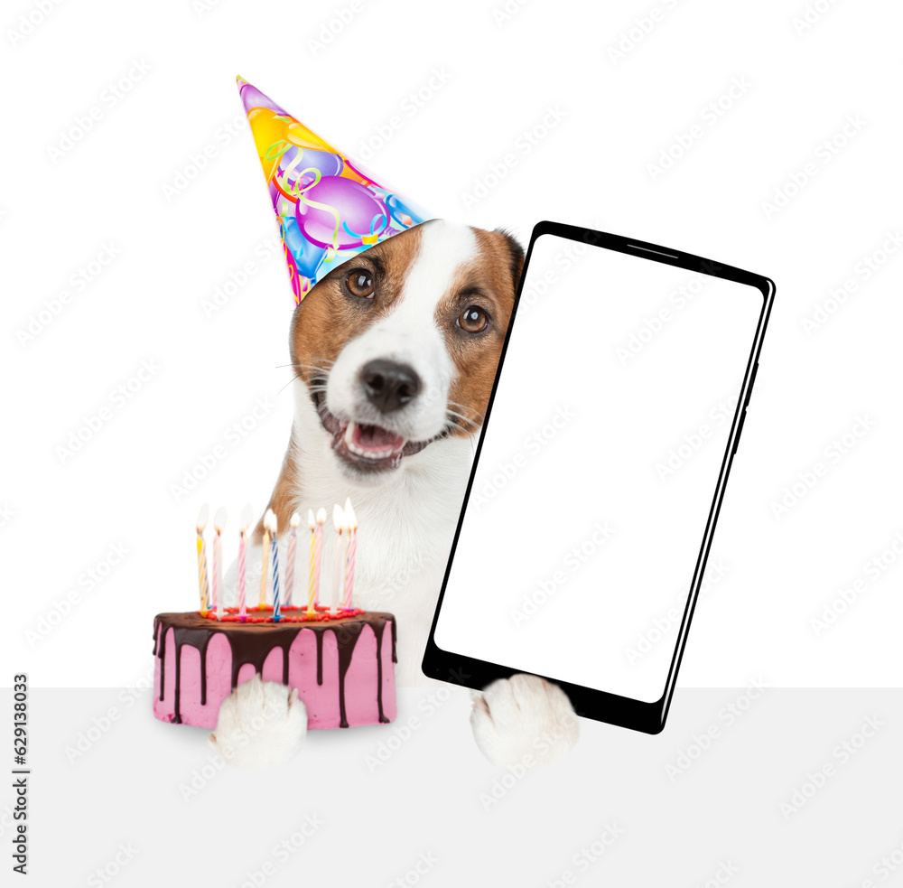Poster jack russell terrier puppy wearing party cap holds cake with lots burning candles and big smartphone