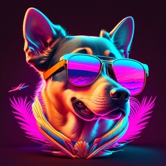 T-shirt design with dog pattern sunglasses, dog with tropical beach,80s vibe, synthwave style, abstract stripes of light, AI Generative.