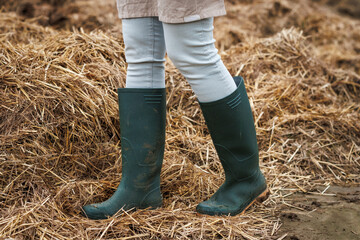 Rubber boot protective workwear. Farmer standing at organic manure agricultural fertilizer - obrazy, fototapety, plakaty