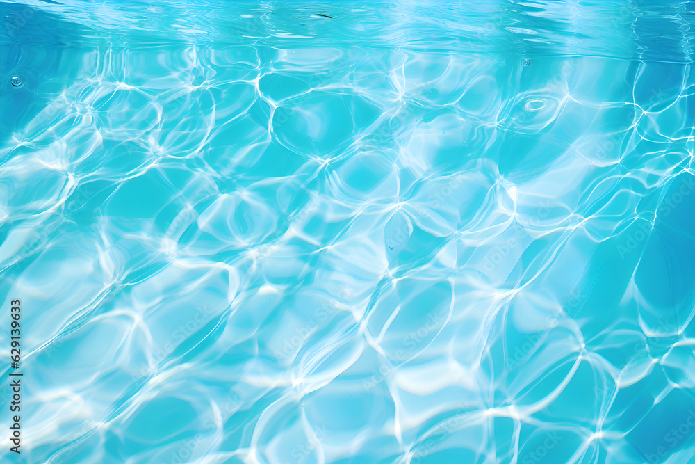 Poster high detailed close-up of blue water in the pool. side view. copy space.bokeh light ripple backgroun