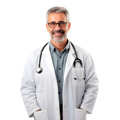 Cheerful mature doctor posing and smiling at camera, healthcare and medicine png format on transparent background Fictional Person, Generative AI