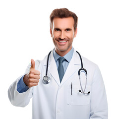 Happy smiling doctor with thumbs up gesture, isolated on transpared background png format Fictional Person, Generative AI