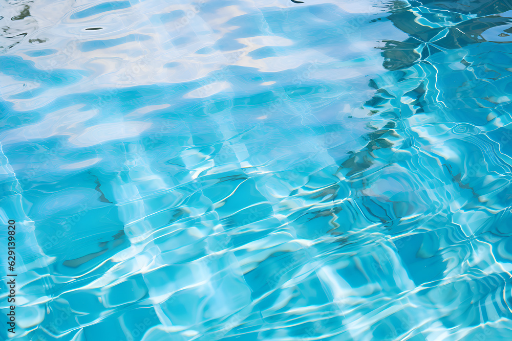 Poster high detailed close-up of blue water in the pool. side view. copy space.bokeh light ripple backgroun
