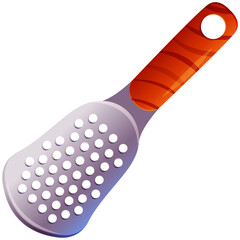 Metal kitchen hand grater with wooden handle. Cooking utensil, kitchenware. Cartoon vector illustration for food apps, websites and menues
