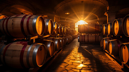 Sunlit room with multiple wooden barrels. Wine ripening in the winery. Generative AI. - obrazy, fototapety, plakaty