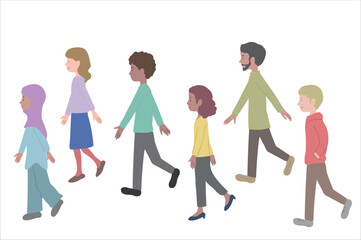 様々な人種の歩く人々のイラスト