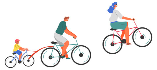 Mother and father with boy kid riding bicycles
