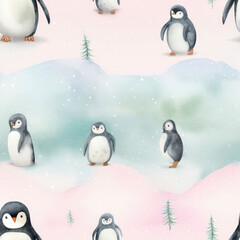 A seamless pattern with penguins' watercolor