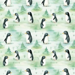 A seamless pattern with penguins watercolor