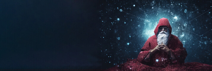 Christmas Santa Claus in new year close-up, dark abstract space background. AI generated.