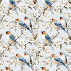 Fototapeta premium Photo beautiful watercolor seamless pattern with birds on branch