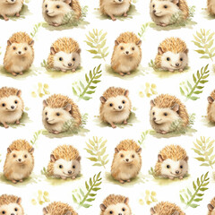Fototapeta premium Photo hedgehog on white background watercolor seamless pattern