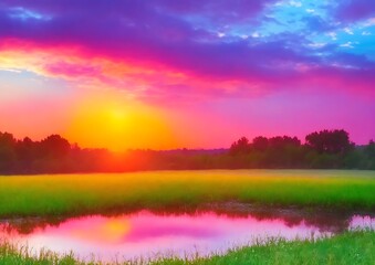Sunset with colorful nature, generative ai