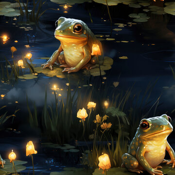 A seamless pattern with frogs in the night