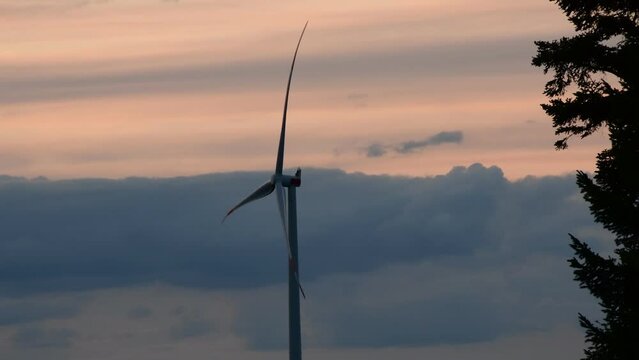 Wind turbine spinning in the wind during a sunset in the Black Forest