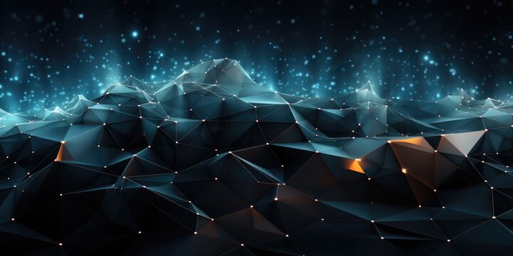Abstract black 3d background, glowing connected dots on dark