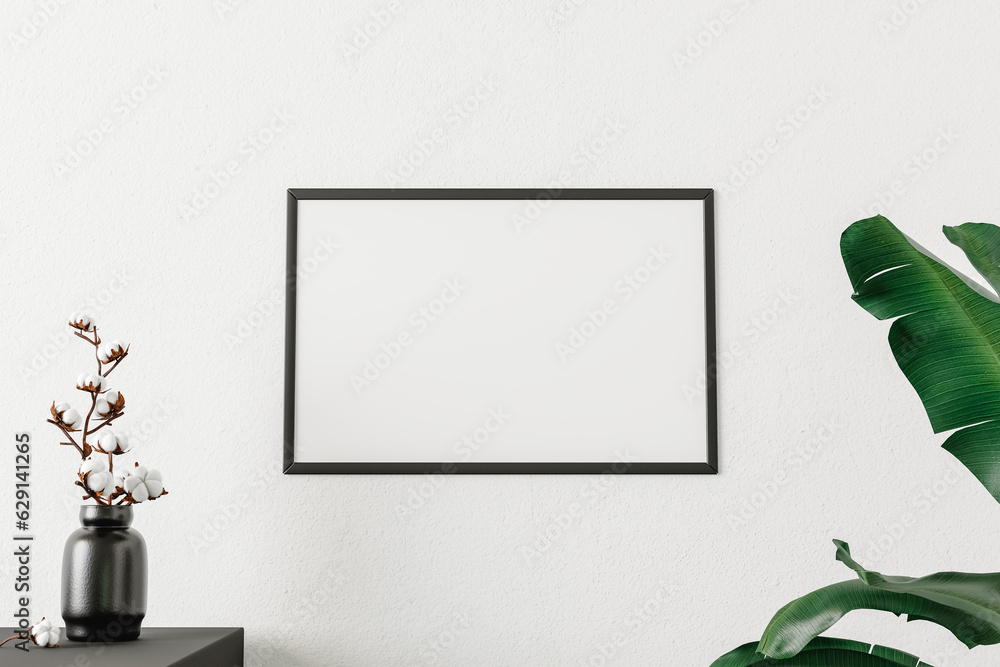 Poster 3d rendering of blank rectangular horizontal frame hanging on white wall