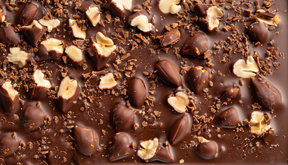 Milk chocolate with crushed nuts top view. The texture of milk chocolate with crushed nuts.