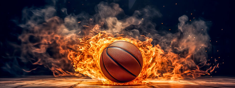 art basketball ball, fire flames, energy and power, banner made with Generative AI