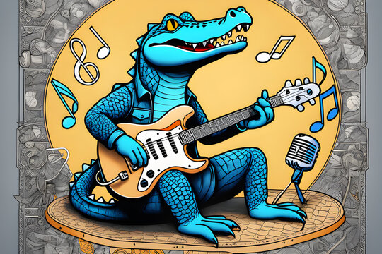 alligator playing guitar.alligator singing.Generative AI